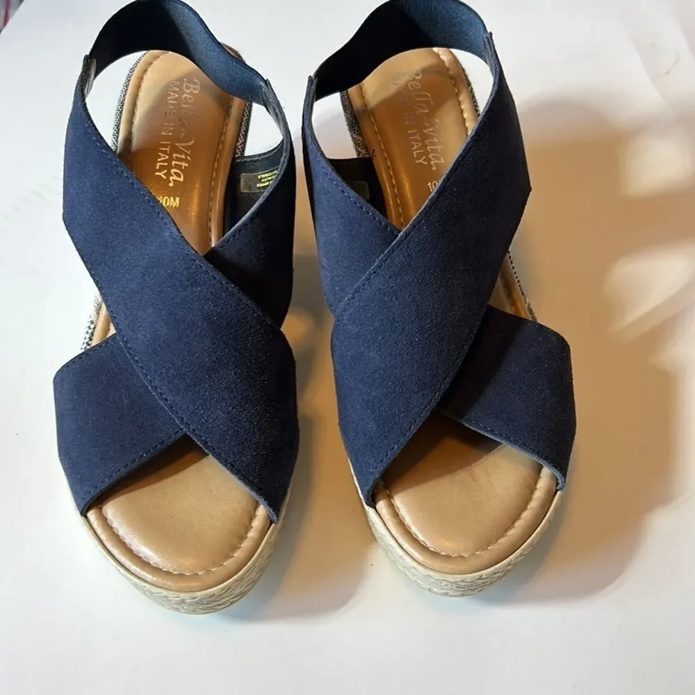 BELLA ~ VITA Women’s Leather Suede Platform Wedge Open Toe Sandal Blue Size 10
